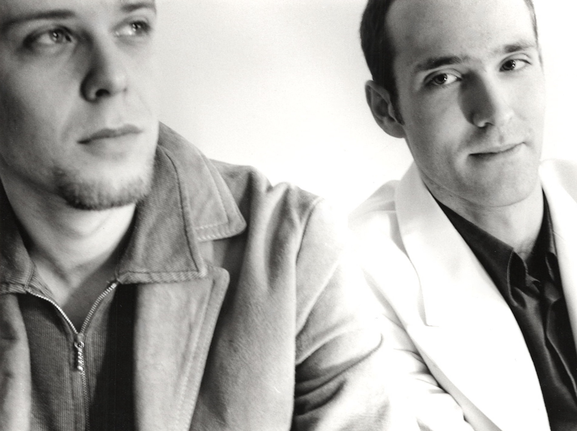 Close black and white portrait of both musicians